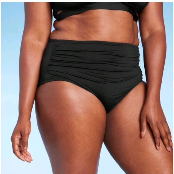 Women's Shirred High Waist Full Coverage Bikini Bottom Black Size Large 12-14 - Picture 1 of 5